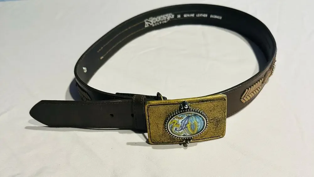 Nocona Belt Men 36 Brown Leather Western Cowboy Rodeo Silver/Gold Accent Aztec